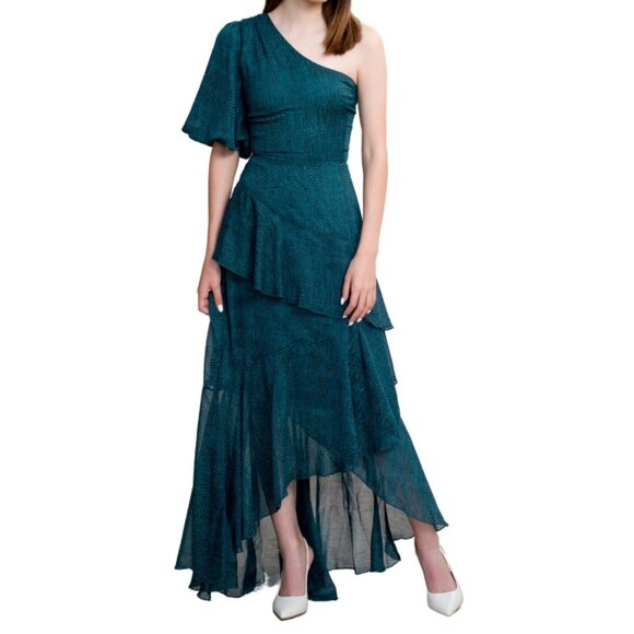 Floret Studio‎ Dress Size Medium One-Shoulder Ruffled Asymmetrical Midi Teal - Picture 1 of 11